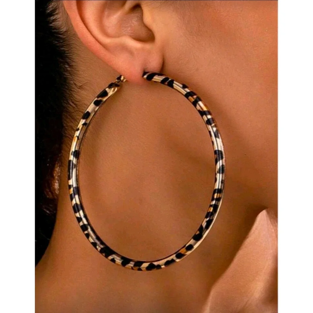 Leopard Print Hoop Earrings‎ Large Gold Tone Statement Women Accessory